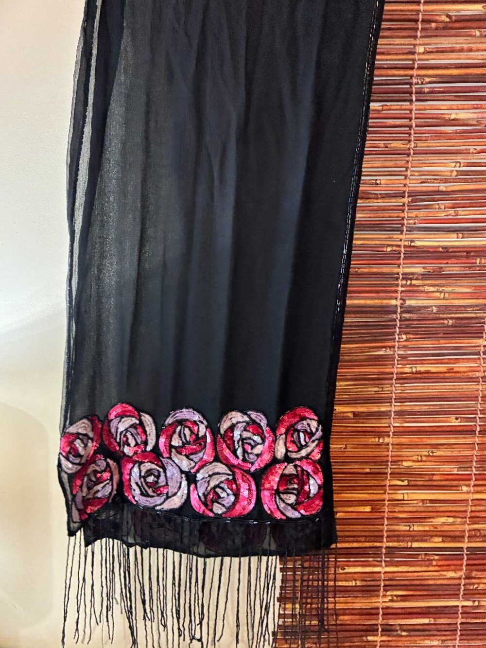 Past Times Vintage 100% Silk Scarf Sequin Rose Beaded Tassel Fringe Black Shawl